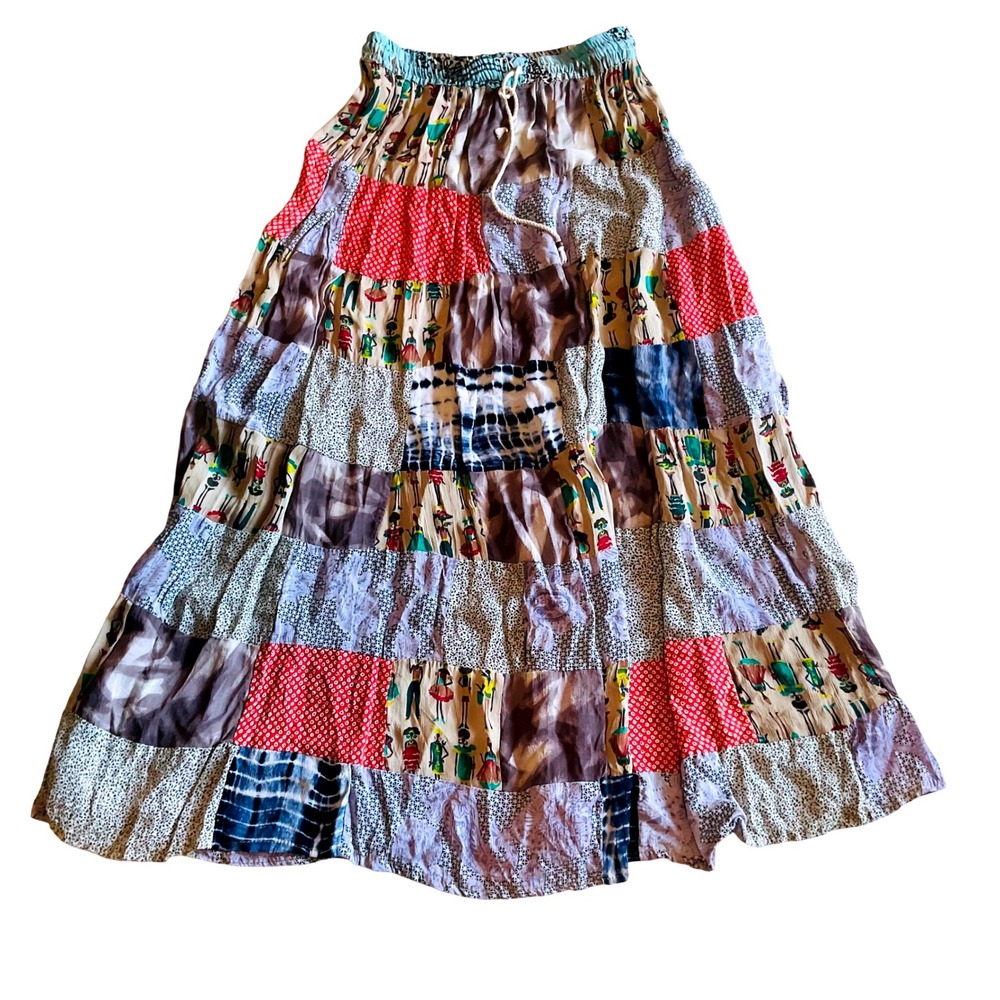 VTG JACKPOT NY WOMEN'S RAYON BOHO MAXI SKIRT RETRO PATCHWORK GEO PRINT AFRICAN L
